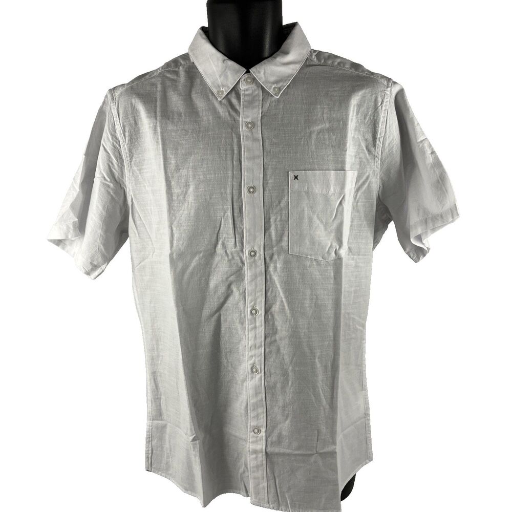 New Mens Hurley Short Sleeve Button Down White Cotton Shirt Sz M NWT OAO 2.0